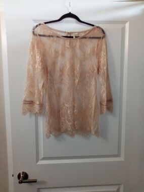 Fairycore Sheer Lace Long Sleeve  Peach Blouse Size Large